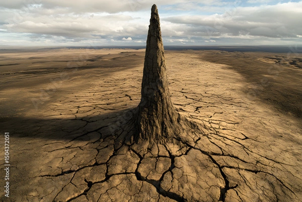 Fototapeta A lone desert spire rising from a vast, windswept plateau, its rugged surface covered in cracks