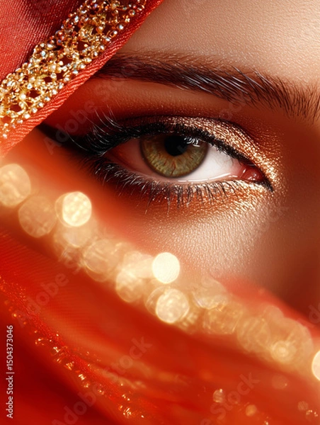Fototapeta Captivating close up of woman eye partially covered by vibrant red fabric, showcasing intricate makeup and sparkling details. image evokes sense