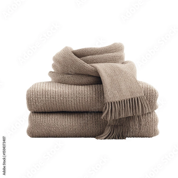 Fototapeta Stack of Cozy Knitted Blankets and Scarf in Neutral Beige