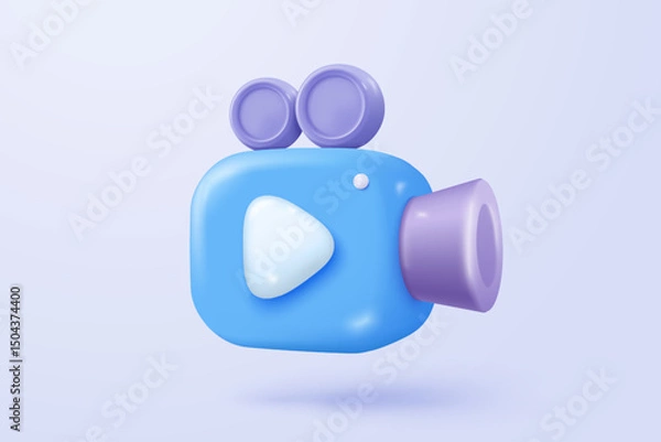 Fototapeta 3d video camera icon isolated  with lens and button on pastel background. Realistic film movie icon, play button for streaming multimedia concept. 3d cinema record icon vector render illustration