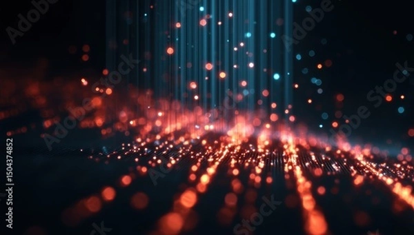Obraz Dynamic data particle backdrop with luminous energy, optimized for tech innovation decks, AI product launches, and cybersecurity branding.