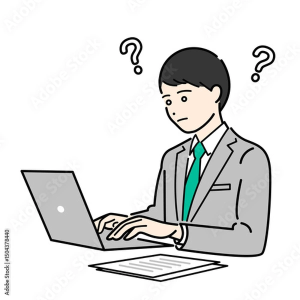 Fototapeta ノートパソコンを見て悩むスーツ姿の男性のビジネスパーソンイラスト素材