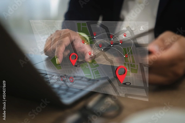 Obraz GPS tracking system real-time person interacts with digital map showing multiple location markers and route connections, indicating navigation