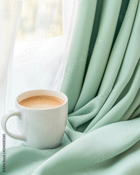 Fototapeta Serene scene featuring white cup filled with warm beverage resting on soft, pastel green fabric near window, creating cozy atmosphere