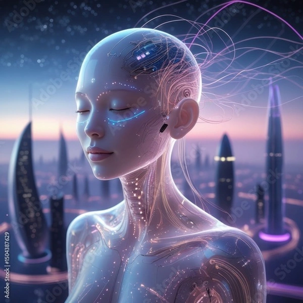 Obraz Digital Human Form with Neon Lights and a Futuristic City

