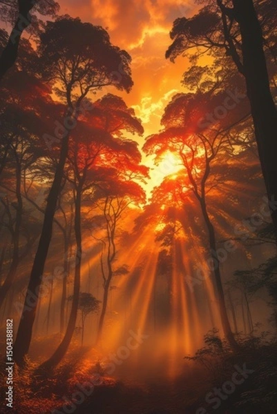 Obraz Forest with Golden Sunlight Streaming Through Tall Trees at Dawn

