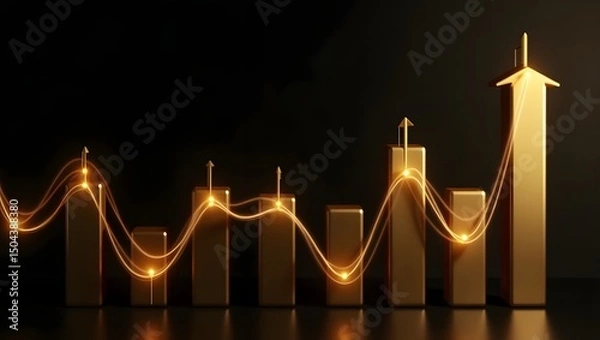 Fototapeta A minimalist and luxurious gold themed stock market scene with glowing golden candlestick charts on a dark background, reflecting on a glossy surface. 