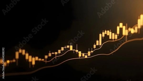 Fototapeta A minimalist and luxurious gold themed stock market scene with glowing golden candlestick charts on a dark background, reflecting on a glossy surface. 