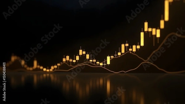 Fototapeta A minimalist and luxurious gold themed stock market scene with glowing golden candlestick charts on a dark background, reflecting on a glossy surface. 