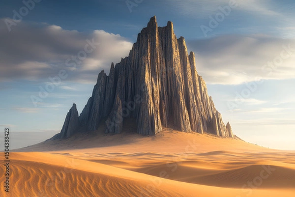 Fototapeta A lone, jagged desert mountain standing tall amidst endless sand, its sharp ridges catching the light