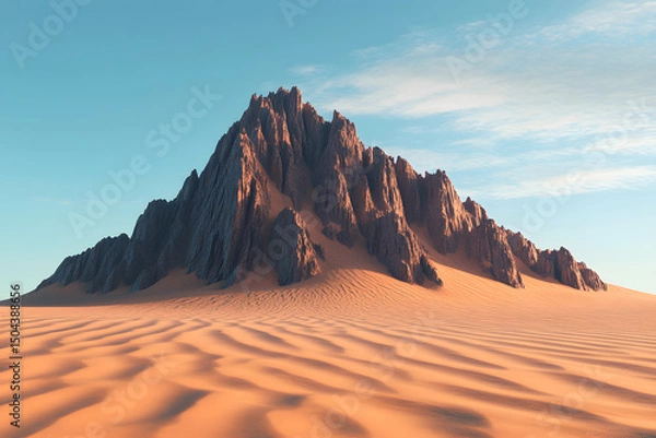 Fototapeta A lone, jagged desert mountain standing tall amidst endless sand, its sharp ridges catching the light