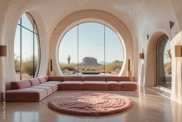 Obraz Contemporary Living Room in Desert with Arched Windows and Cacti

