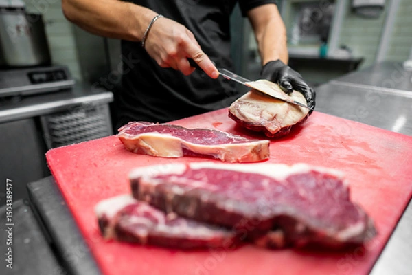 Fototapeta A chef slices raw beef on a red cutting board in a professional kitchen, showcasing precision and culinary skill. The fresh marbled texture of the meat highlights quality and craftsmanship
