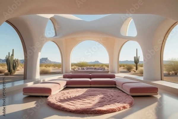 Obraz Minimalist Desert Home with Pink Sofa and Round Arched Windows

