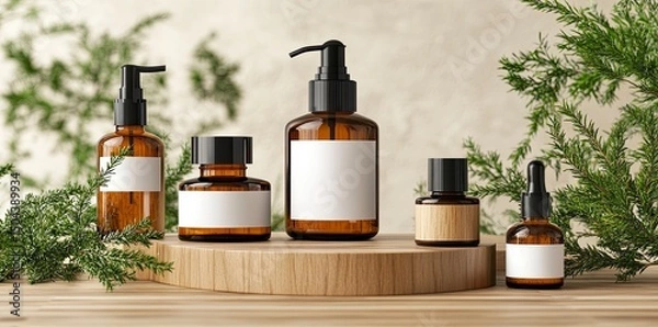 Fototapeta 3D rendering of a mockup, with a blank white label on an amber glass bottle and cosmetic jars with black pump stands on modern podiums against a beige background. Green branches in the background. A m