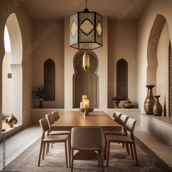 Obraz Beautiful Dining Room Featuring Arched Designs and a Long Table

