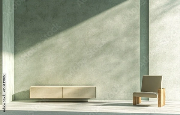 Obraz 3D rendering of a modern interior design background with an empty wall mockup and a sideboard in a minimalistic style. The color is a faded sage green, with a gray floor and light wood furniture. This