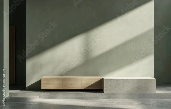 Fototapeta 3D rendering of a modern interior design background with an empty wall mockup and a sideboard in a minimalistic style. The color is a faded sage green, with a gray floor and light wood furniture. This