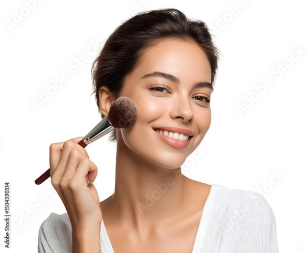 Obraz A smiling woman is applying blush to her cheek with a makeup brush, looking radiant.