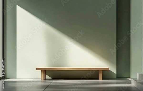 Obraz 3D rendering of a modern interior design background with an empty wall mockup and a sideboard in a minimalistic style. The color is a faded sage green, with a gray floor and light wood furniture. This