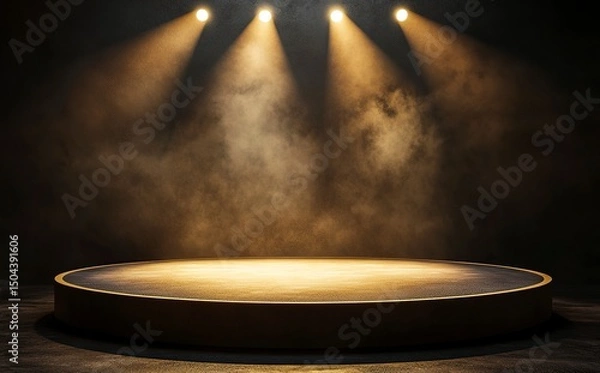 Obraz 3D rendering of a stage with a spotlight illuminating an empty platform for a concert performance or product presentation. Stage lighting and festival show concept. 