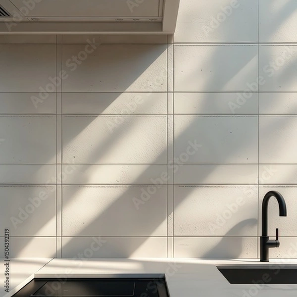 Fototapeta Clean modern kitchen design with sharp shadows and minimal elements.

