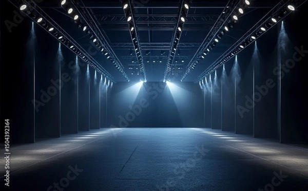 Fototapeta 3D rendering of an empty stage with spotlights and a truss system for a concert or fashion show, against a dark background. A blank scene for a product presentation platform mockup design. 