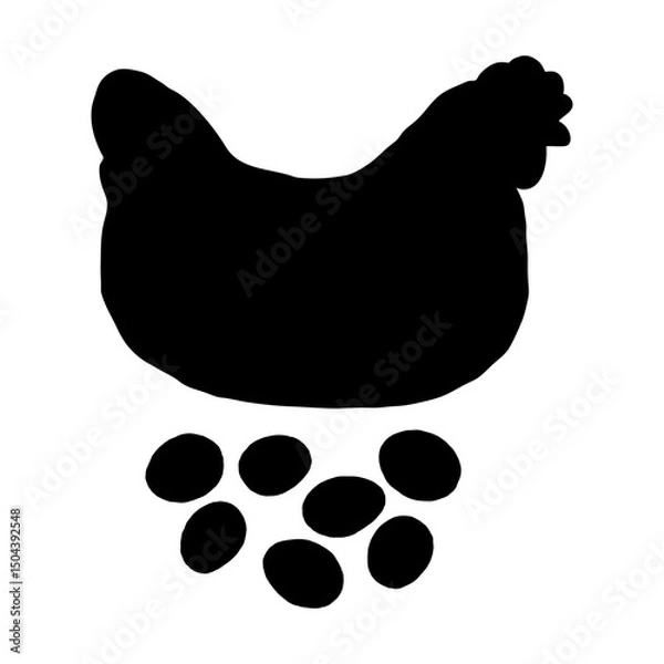 Fototapeta Simple shape of a hen and eggs. Hand drawn bold illustration for farm-themed product designs