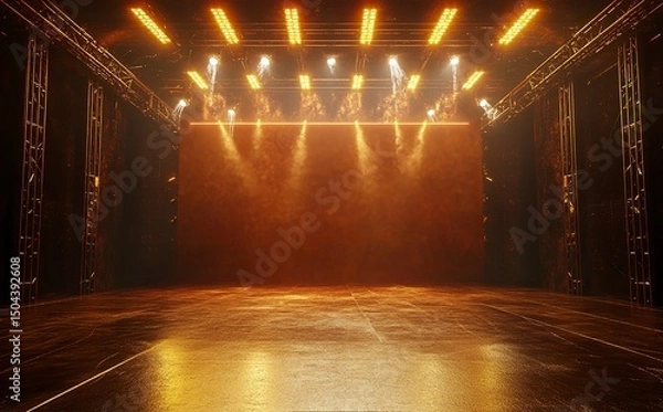 Obraz 3D rendering of an empty stage with spotlights and a truss system for a concert or fashion show, against a dark background. A blank scene for a product presentation platform mockup design. 