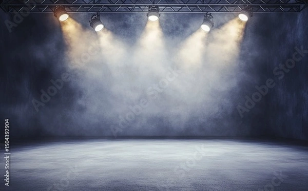 Obraz 3D rendering of an empty stage with spotlights and a truss system for a concert or fashion show, against a dark background. A blank scene for a product presentation platform mockup design. 