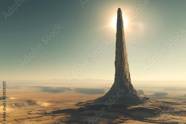 Fototapeta A lone, needle-like rock spire piercing the sky, standing against a vast, sunlit desert plain