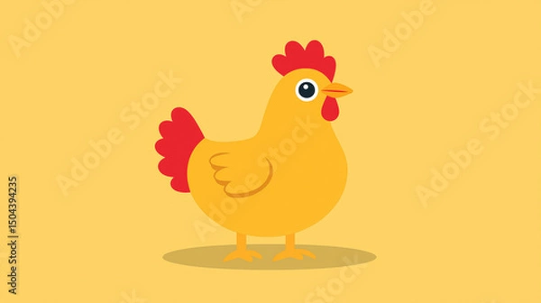 Obraz Cheerful cartoon chicken with bright yellow body and red comb stands against soft yellow background, radiating playful vibe