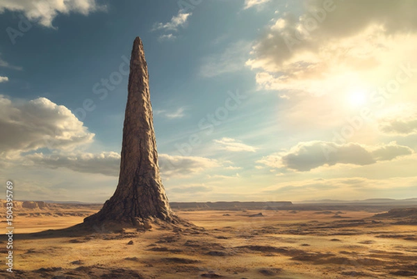 Fototapeta A lone, needle-like rock spire piercing the sky, standing against a vast, sunlit desert plain