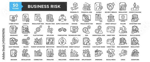 Fototapeta 50 Business Risk icon set. Containing design, Probability, Financial Loss, Strategy Gamble, Security Breach, Regulatory Compliance