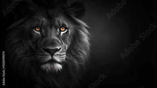 Fototapeta A close-up of a black wild lion face on a dark black background, animalistic wallpaper background design template with copy space.