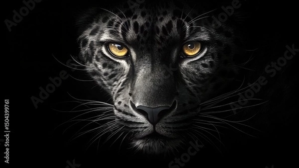 Fototapeta A close-up of a black Cheetah face on a dark black background, animalistic wallpaper background design template with copy space.