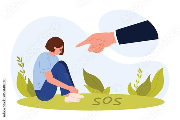 Obraz Depicts a person feeling overwhelmed by social pressure and bullying, symbolized by a pointing hand and SOS on the ground, isolated vector illustration