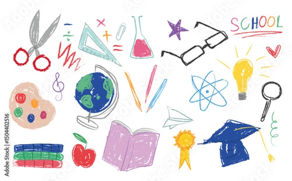 Obraz Crayon fun cute kid colorful doodle set badge,. Back to school element. Kid concept element, fun for book illustration and more