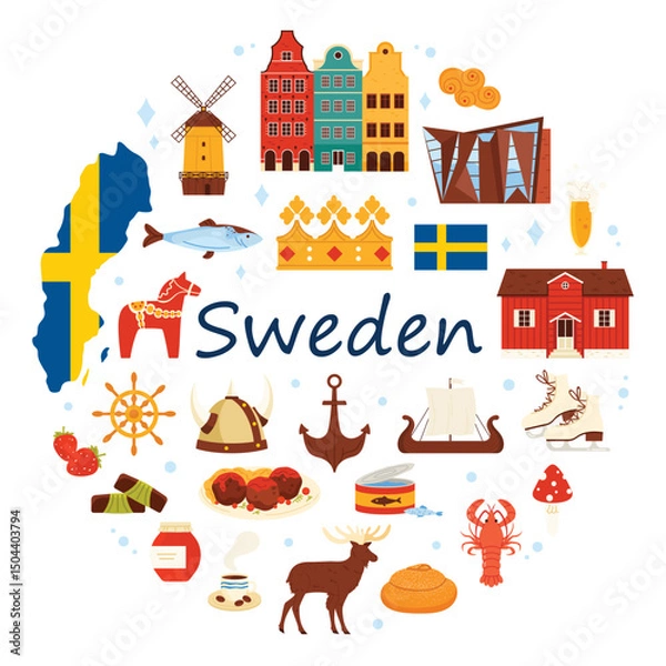 Obraz Travel to Sweden, culture elements and food, landmarks in round infographic banner with Sweden title. Historical buildings, viking ships wheel and jam, kottbullar in circle cartoon vector illustration