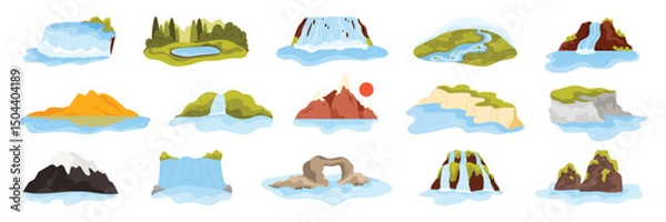 Fototapeta Famous waterfalls, rivers and lakes of world set. Nature landmarks collection with Niagara and Victoria Falls, White Cliffs of Dover and Halong Bay Rocks, Angel Falls cartoon vector illustration
