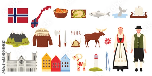 Obraz Travel to Norway set, Norwegian people, culture elements and nature, landmarks and food. Nidaros Cathedral and traditional colorful houses of Bergen, Lutefisk and viking cartoon vector illustration
