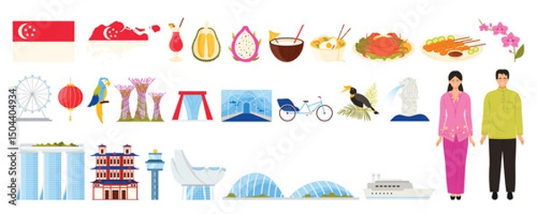 Obraz Travel to Singaporean set. Landmarks, cultural elements, and cuisine. Includes Merlion, Super tree Grove, and iconic dishes like chili crab and satay vector illustration.