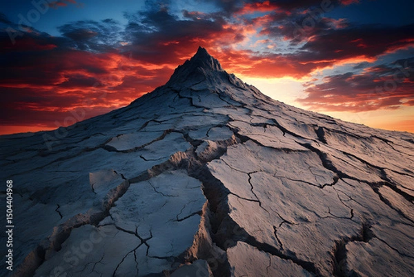 Fototapeta A lone, weathered desert peak with deep cracks, standing against a sky painted in fiery sunset hues