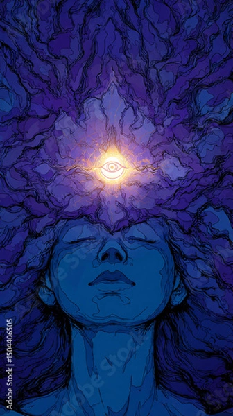 Fototapeta Chakra Adjna light spirituality, development of intuition, connection with the absolute and one's soul, vision, meditation, mental health. AI Generative