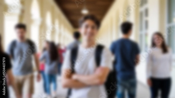 Fototapeta Blurred photo of casual student standing in academic hallway. Image suitable for education, university, or campus life context.