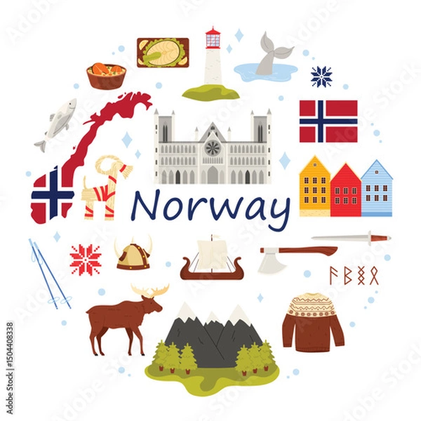 Obraz Travel to Norway, culture elements and nature, flag and map in round infographic banner. Nordic symbols and food, landscape and landmarks in circle with Norway title cartoon vector illustration