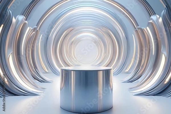 Obraz Metallic podium floating on water waves. Futuristic Chrome Podium with Fluid Abstract Background. and  luxury, elegance, and minimalist design.