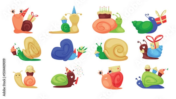 Fototapeta Cute snails give gifts for birthday party set. Funny slugs with shells of different colors crawling with box and birthday cake, cupcake and letter of congratulations cartoon vector illustration