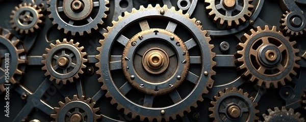 Fototapeta Close-up of gear with gold center. Cogwheels create intricate industrial machine. Metallic cog, sprockets, pinion, transmission, power motion. Engineering, manufacturing, workshop, factory.