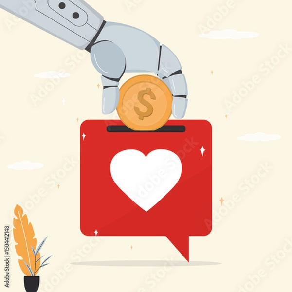 Fototapeta Robot hand putting coin speech bubble with heart icon. Technology of buying or investing in social media. Payment for social media positive feedback.